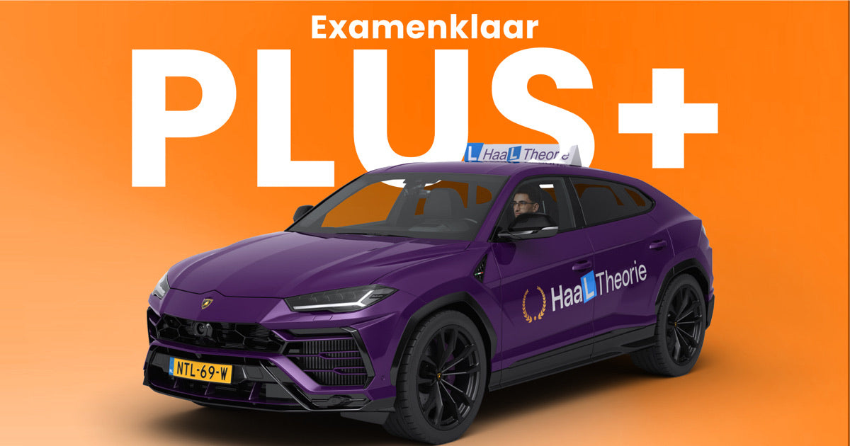 Examenklaar Plus: paarse HaalTheorie-lesauto met de cursus op een telefoon