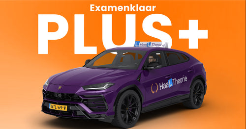 Examenklaar Plus: paarse HaalTheorie-lesauto met de cursus op een telefoon